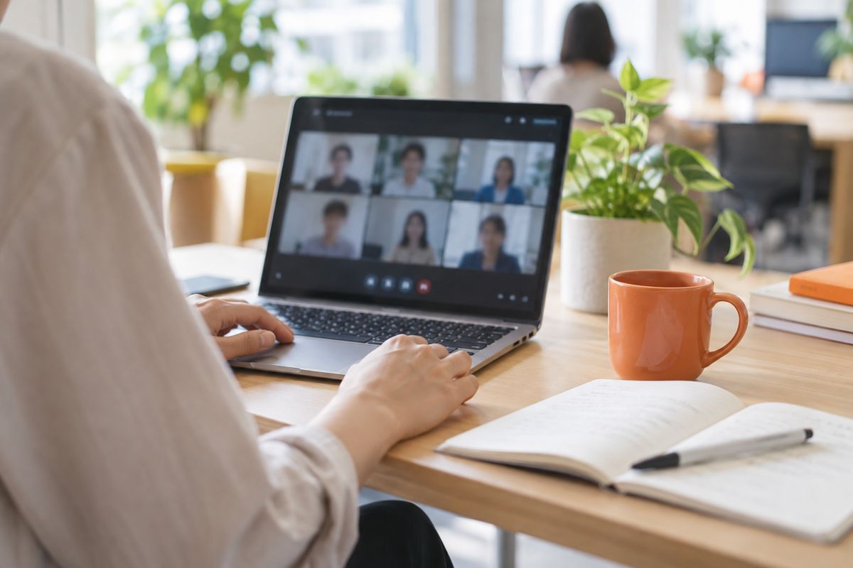 ノートPCで、会社の担当者とオンラインで打ち合わせをする様子